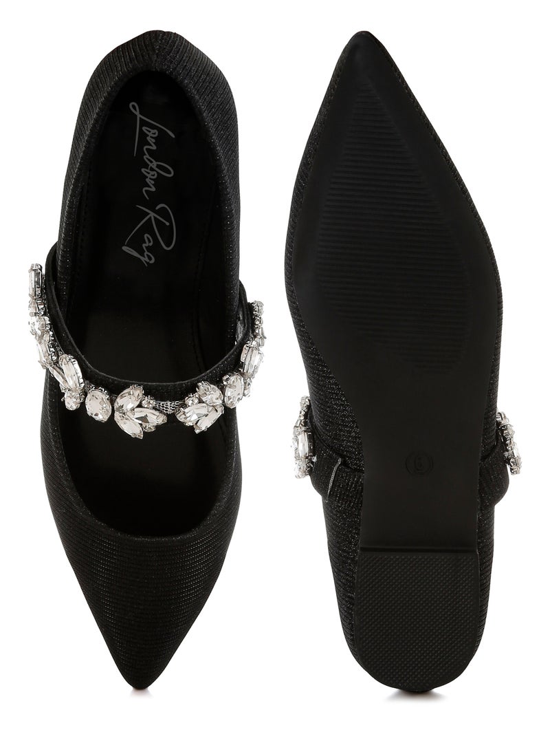 Diamante Brooch Glitter Ballerinas in Black