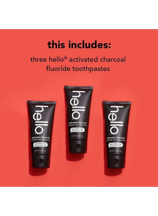 Hello Activated Charcoal Toothpaste, Fluoride Toothpaste with Activated Charcoal, Teeth Whitening Toothpaste with Fresh Mint and Coconut Oil, No SLS, Vegan, Gluten Free, 3 Pack, 4 OZ Tubes