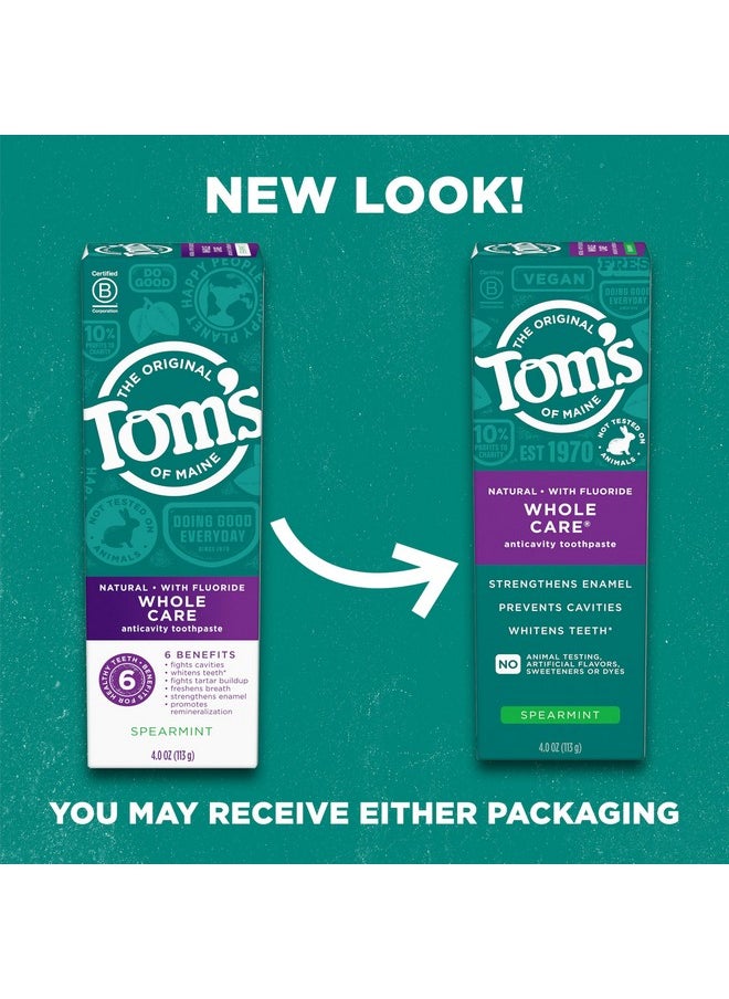 Tom's of Maine Whole Care Natural Toothpaste with Fluoride, Spearmint, 4 Ounce (Pack of 3), (Packaging May Vary)