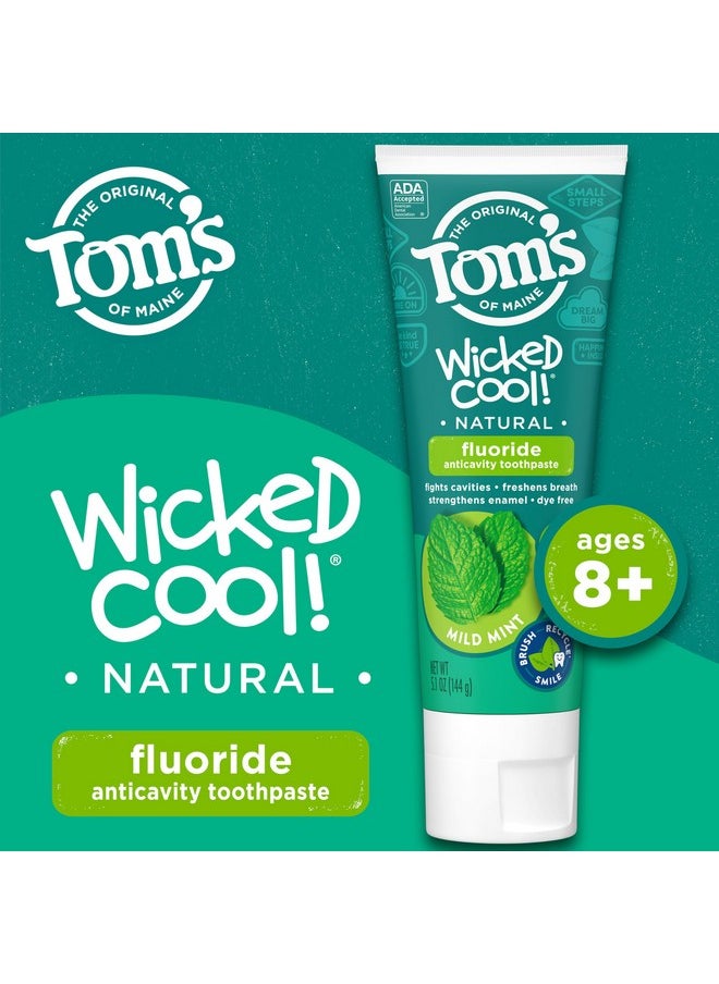 Tom's of Maine ADA Approved Wicked Cool! Fluoride Children's Toothpaste, Natural Toothpaste, Dye Free, No Artificial Preservatives, Mild Mint, 5.1 oz. 3-Pack (Packaging May Vary)