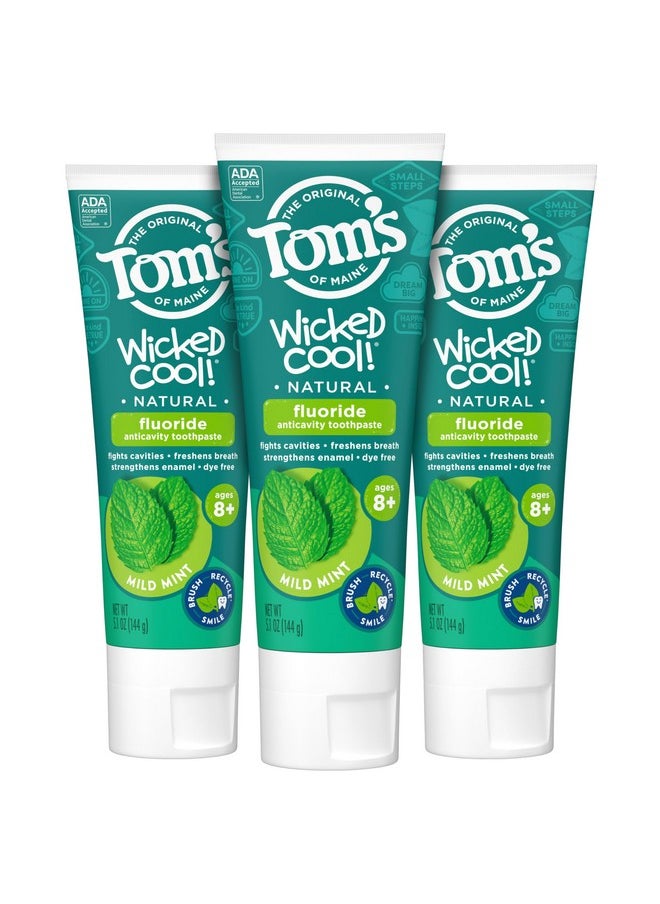 Tom's of Maine ADA Approved Wicked Cool! Fluoride Children's Toothpaste, Natural Toothpaste, Dye Free, No Artificial Preservatives, Mild Mint, 5.1 oz. 3-Pack (Packaging May Vary)