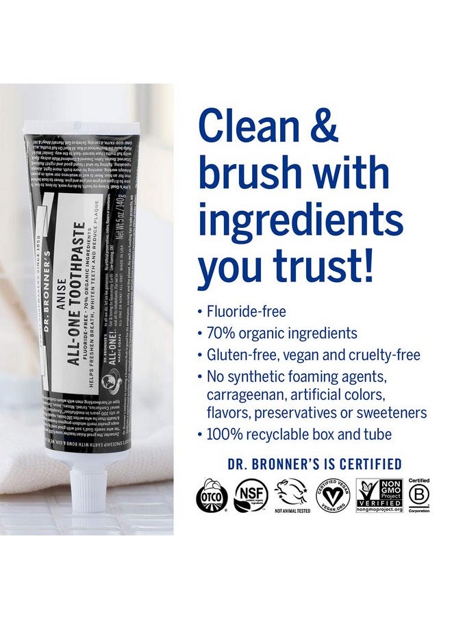 Dr. Bronner’s - All-One Toothpaste (Anise, 5 Ounce, 3-Pack) - 70% Organic Ingredients, Natural and Effective, Fluoride-Free, SLS-Free, Helps Freshen Breath, Reduce Plaque, Whiten Teeth, Vegan