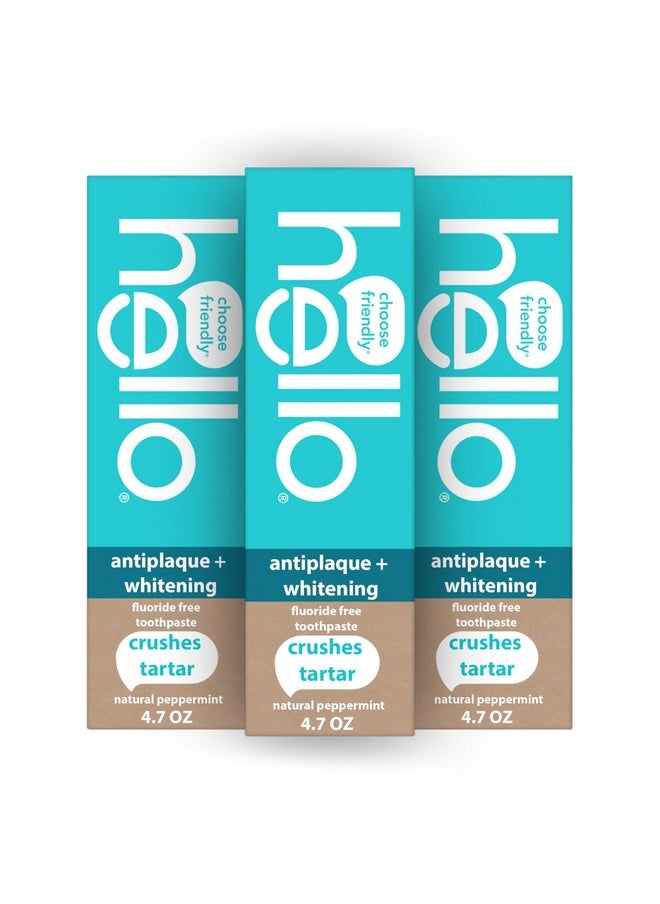 Hello Antiplaque Toothpaste, Fluoride Free for Teeth Whitening with Natural Peppermint Flavor and Tea Tree Oil, Peroxide Free, Gluten Free, SLS Free, 3 Pack, 4.7 OZ Tubes