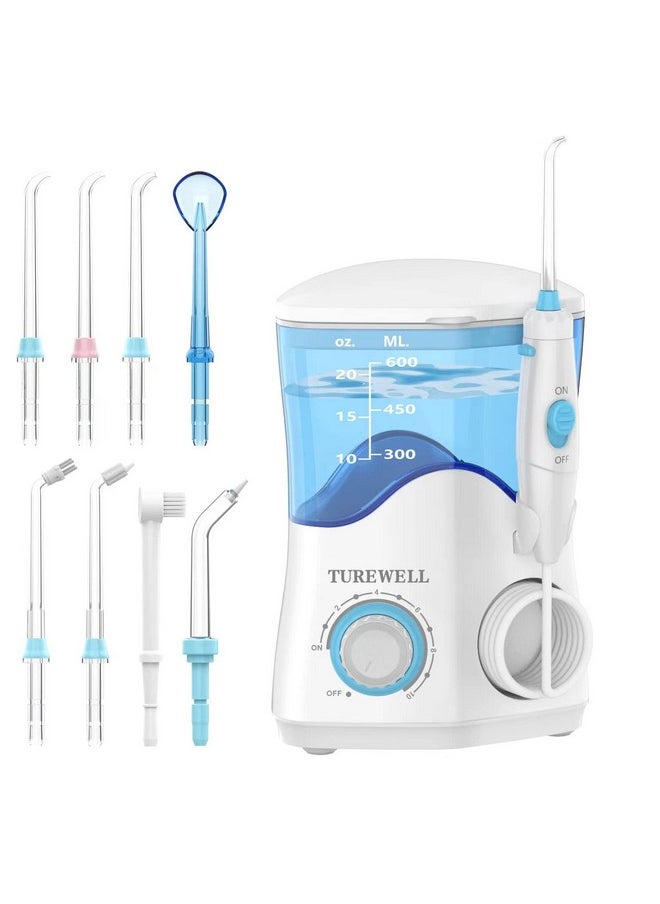 TUREWELL Water Dental Flosser for Teeth/Braces, Water Teeth Cleaner 8 Jet Tips and 10 Pressure Levels, 600ML Large Water Tank Oral Irrigator for Family(White)