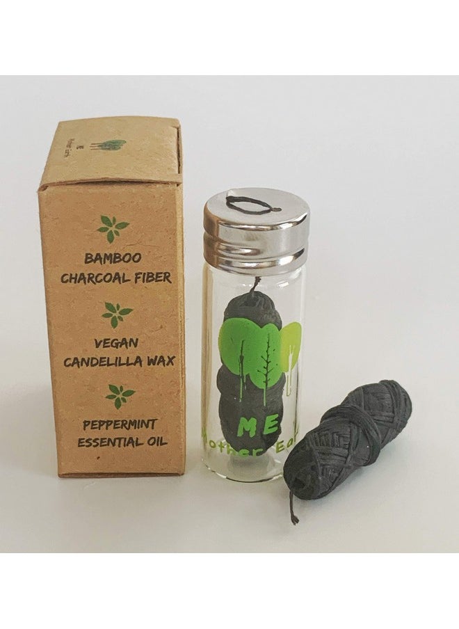 Vegan Biodegradable Bamboo Charcoal Dental Floss with Refillable Glass Container | Free Refill | Natural Candelilla Wax | 30M x2 | Peppermint Essential Oil | Eco Friendly Zero Waste Oral Care