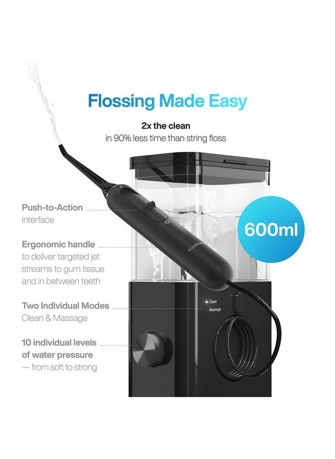 AquaSonic Aqua Flosser PRO | Professional Water Flosser with Large Capacity Reservoir | Oral Irrigator w/ 2 Modes, 10 levels of Water Pressure, 4 Included Tips | Sleek & Compact | Dentist Recommended