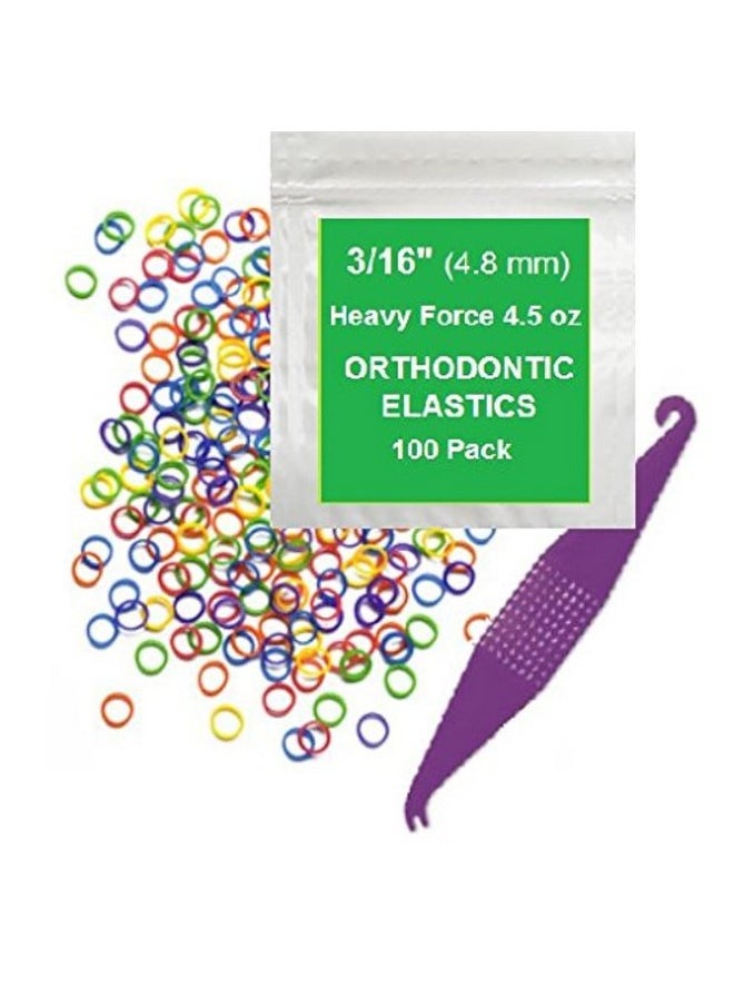 Orthodontic Elastic Rubber Bands - 3/16 Inch, Small, 100 Pack, (4.5 Ounce) for Braces, Dreadlocks, Hair Braids, Fix Tooth Gap, Includes Free Elastic Placer - Neon Heavy