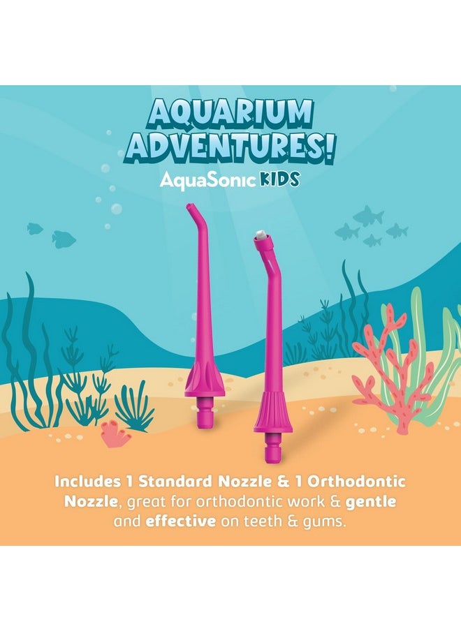 AquaSonic Kids' Water Flosser for Ages 6+ | Standard Nozzle, Orthodontic Nozzle & Waterproof Stickers | 4 Flossing Modes | Aquarium Adventures Theme (Pink)