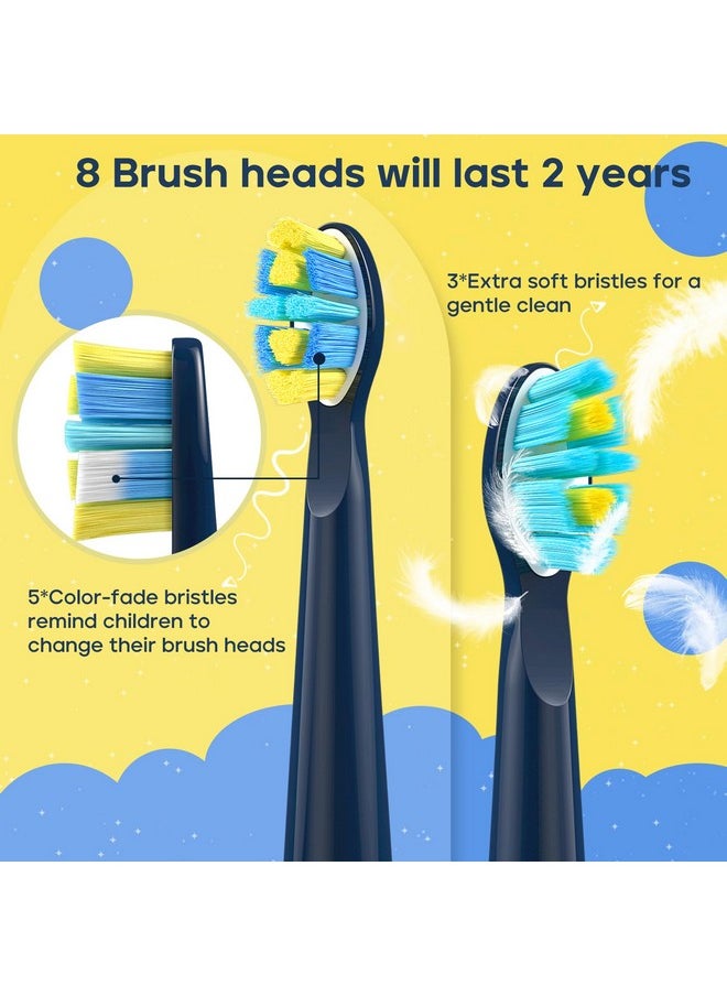 Kids Electric Toothbrush, Rechargeable Sonic Soft Bristle Toothbrushes With 8 Brush Heads, Diy Stickers And 5 Modes, Ideal For Kids And Children, Ages 3-12(Navy)