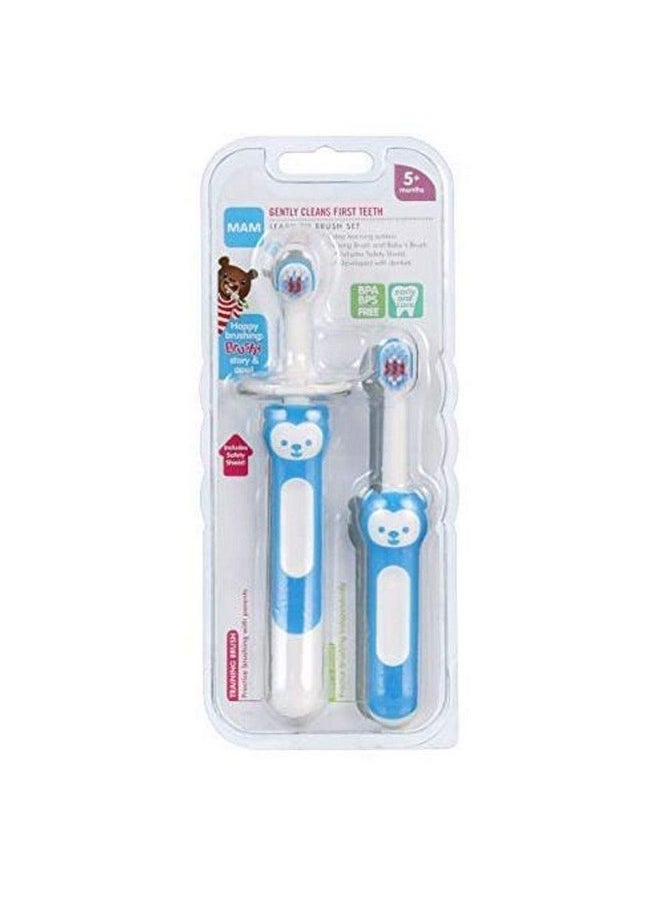MAM Learn to Brush Set (1 Baby's Brush Toothbrush, 1 Training Brush, 1 Safety Shield), Baby Toothbrushes with Brushy The Bear, Interactive App, for Boys 5+ Months, Ice Water