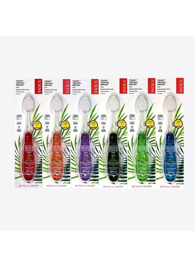 RADIUS Tour Travel Brush & Case with Replaceable Brush Head ADA Accepted Toothbrush Improve Gum Health - Assorted Colors - Pack of 6