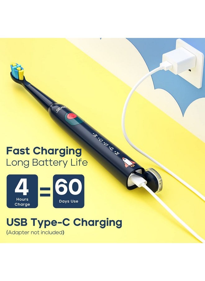 SEAGO Kids Electric Toothbrush, Sonic Soft Bristle Rechargeable Toothbrushes with DIY Stickers, 5 Modes, Includes 4 Replacement Brush Heads, Ages 3 to 12 Years Old (Navy)