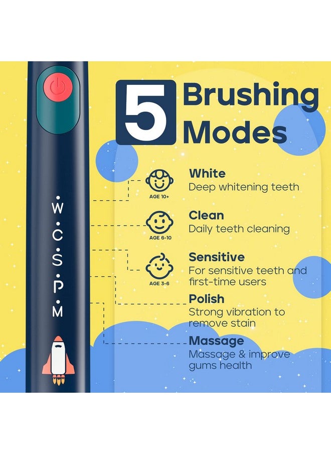 SEAGO Kids Electric Toothbrush, Sonic Soft Bristle Rechargeable Toothbrushes with DIY Stickers, 5 Modes, Includes 4 Replacement Brush Heads, Ages 3 to 12 Years Old (Navy)