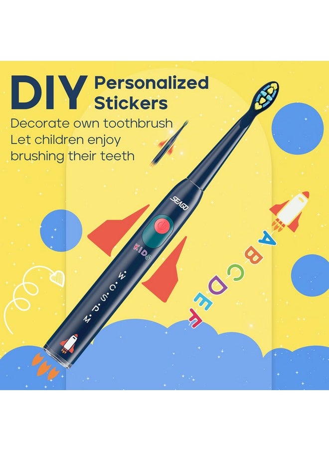 SEAGO Kids Electric Toothbrush, Sonic Soft Bristle Rechargeable Toothbrushes with DIY Stickers, 5 Modes, Includes 4 Replacement Brush Heads, Ages 3 to 12 Years Old (Navy)