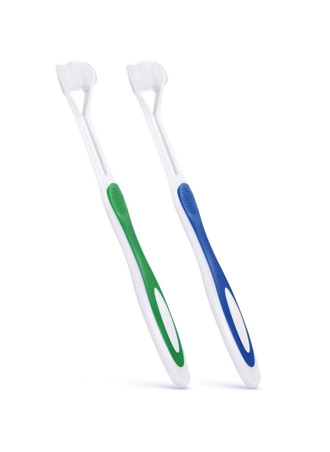 2 Pieces Autism Toothbrush Three Bristle Travel Toothbrush for Complete Teeth and Gum-Care, Great Angle Bristles Clean Each Tooth, Soft and Gentle (Green, Blue)