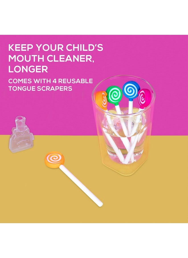 Kids Tongue Scraper or Cleaner Set - Pack of 4 BPA-Free Plastic Dental Scrapers Helps Freshen Bad Breath, Remove Gunk - Multicolored with Easy-to-Grasp Handles and Brush Covers by 55Dental, Ages 2+