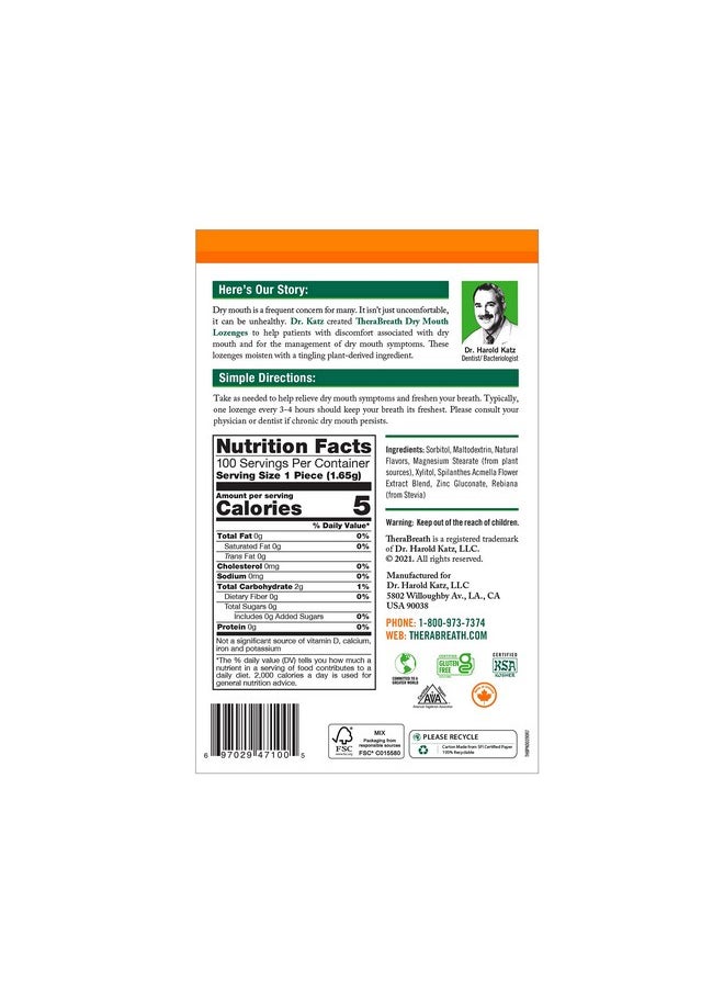 TheraBreath Dry Mouth Lozenges with Zinc, 100 Lozenges, Mandarin Mint, 100 Count (Pack of 2)