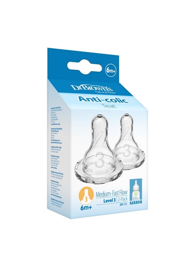 Dr. Brown's Silicone Natural Flow Level 3 Narrow Nipple (Clear) - Set of 2