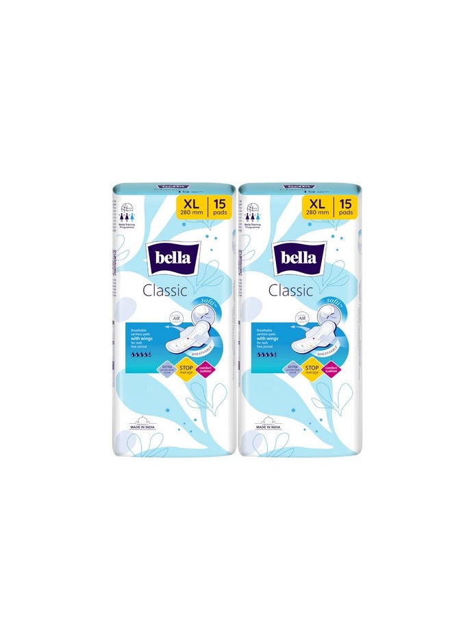 Bella Classic Maxi Softi Pads For Women | Sanitary Napkins | For Sensitive Skin | 28 Cm Long | With Wings | Breathable | For Rash Free Period | Comfort Cussion | Pack Of 2 | 15 Pcs Each