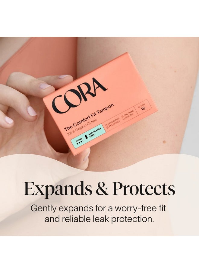 Cora 100% Organic Cotton Non-Applicator Tampons | Ultra-Absorbent, Unscented, Natural, Non-Toxic, Applicator Free | Eco-Conscious (72 S+ Tampons)