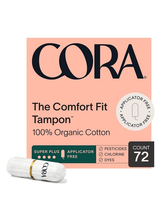 Cora 100% Organic Cotton Non-Applicator Tampons | Ultra-Absorbent, Unscented, Natural, Non-Toxic, Applicator Free | Eco-Conscious (72 S+ Tampons)