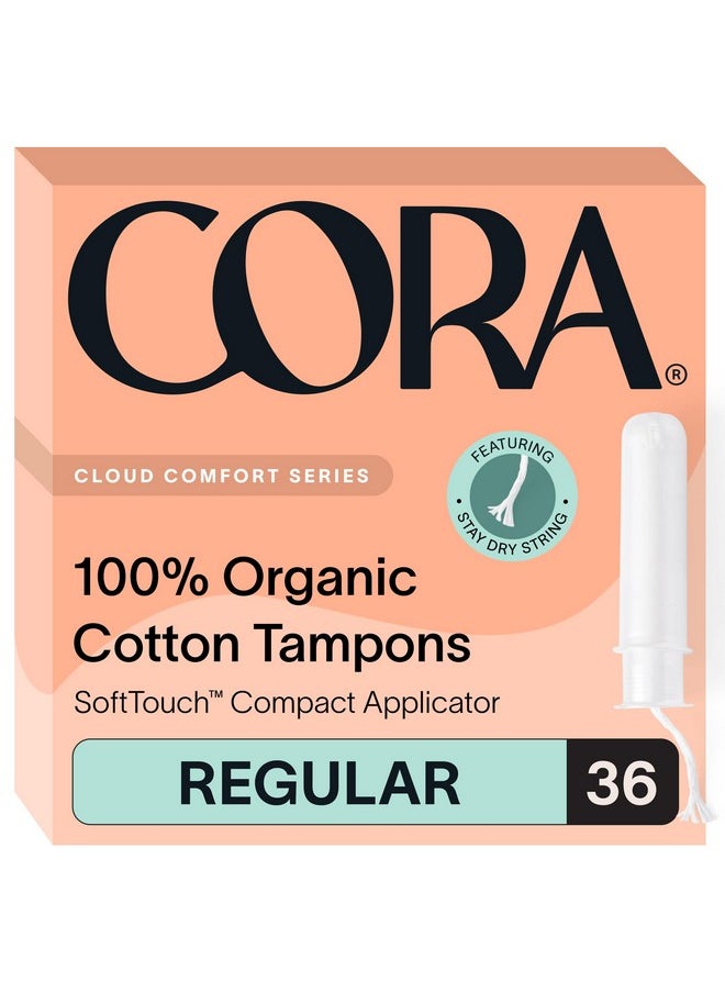 Cora Organic Applicator Tampons | Regular Absorbency | 100% Organic Cotton, Unscented, BPA-Free Compact Applicator | Leak Protection | Packaging May Vary | 36 Total