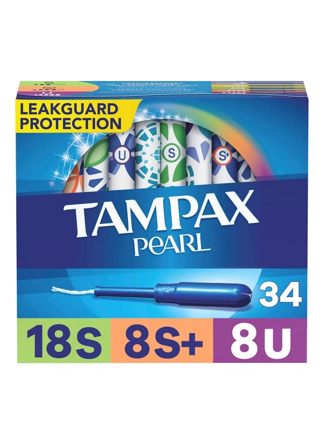 Tampax Pearl Tampons Trio Pack, Super/Super Plus/Ultra Absorbency with BPA-Free Plastic Applicator and LeakGuard Braid, Unscented, 34 Count x 3 Packs (102 Count Total)