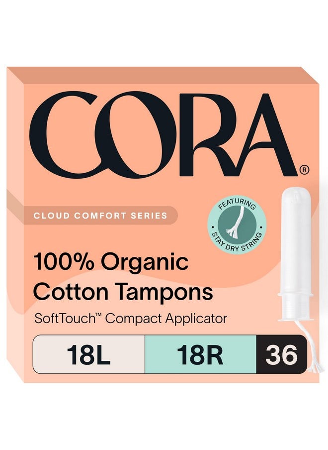 Cora Organic Applicator Tampon Multipack | 18 Light & 18 Regular Absorbency | 100% Organic Cotton, Unscented, BPA-Free Compact Applicator | Leak Protection | Packaging May Vary | 36 Total