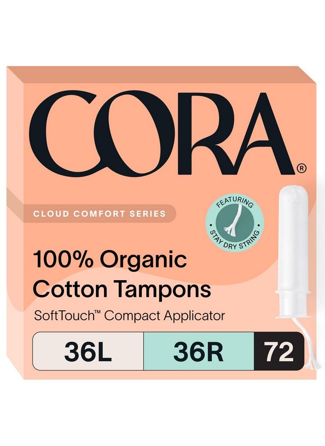 Cora Organic Applicator Tampon Multipack | 36 Light & 36 Regular Absorbency | 100% Organic Cotton, Unscented, BPA-Free Compact Applicator | Leak Protection | Packaging May Vary | 72 Total