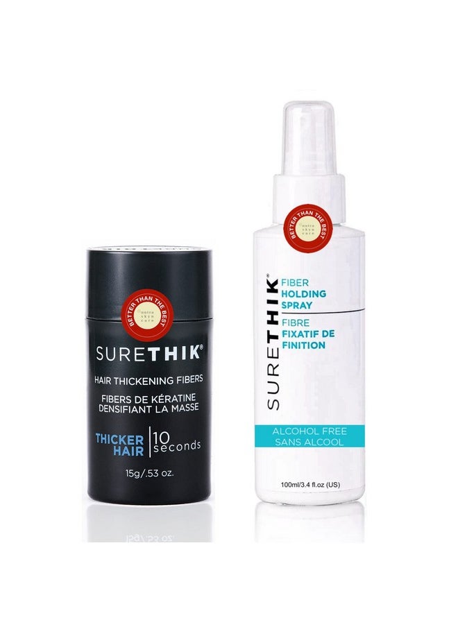 SureThik Hair Thickening Fibers, 15g and Fiber Holding Spray, 100ml (Black)