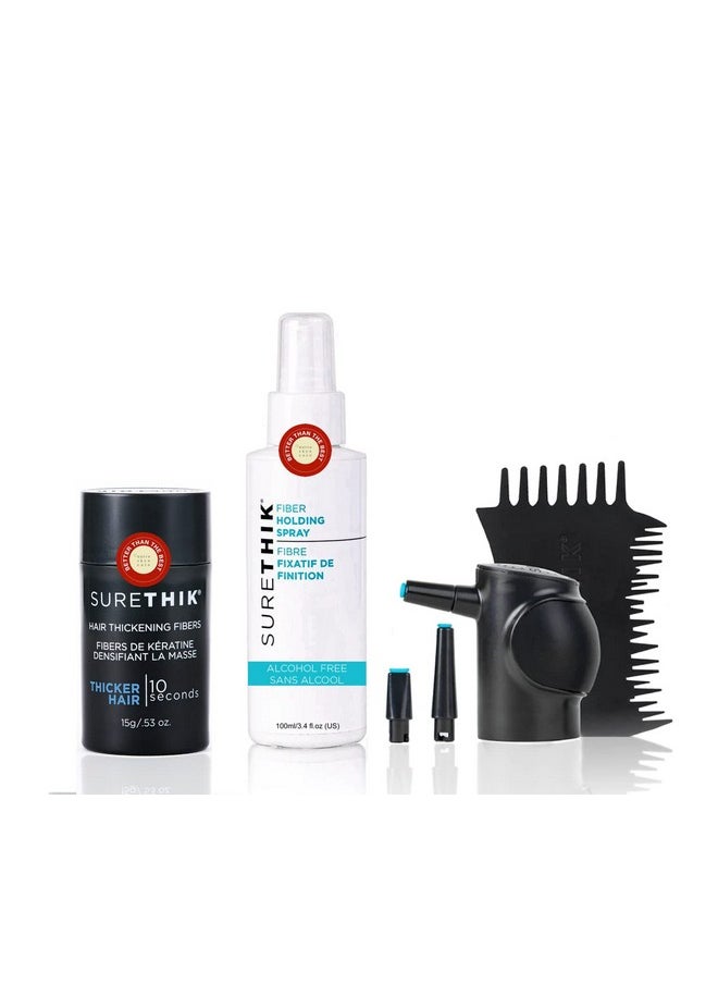 SureThik Hair Thickening Fibers 15g with Fiber Holding Spray 100ml and Applicator & Hairline Comb (Black)