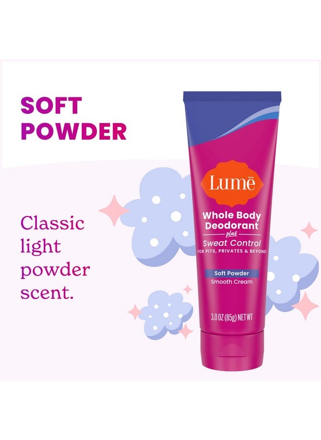 Lume Whole Body Deodorant Plus Sweat Control - Smooth Cream Tube - 72 Hour Odor And Sweat Control - Baking Soda Free, Skin Loving - 3.0 ounce (Pack of 2) (Soft Powder)