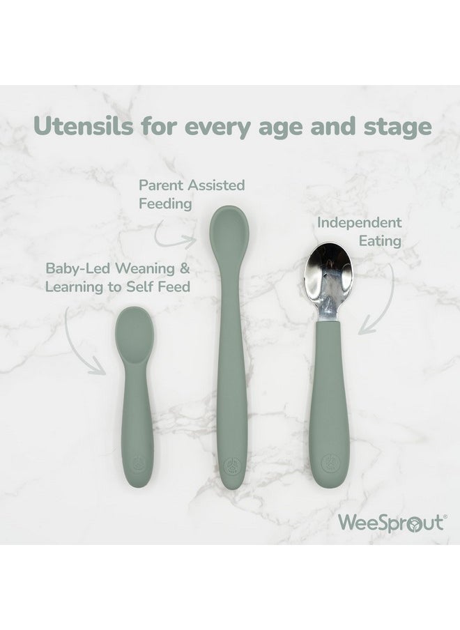 WeeSprout Baby Spoons for Self Feeding 6 Months +, Soft & Durable Silicone Utensils for Sensitive Gums & Teeth, Easy Grip Handles & Shorter Length for Little Hands, 3 Pack + Carrying Case