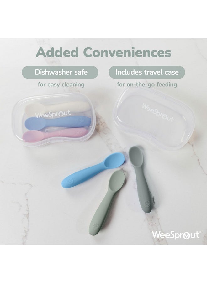 WeeSprout Baby Spoons for Self Feeding 6 Months +, Soft & Durable Silicone Utensils for Sensitive Gums & Teeth, Easy Grip Handles & Shorter Length for Little Hands, 3 Pack + Carrying Case