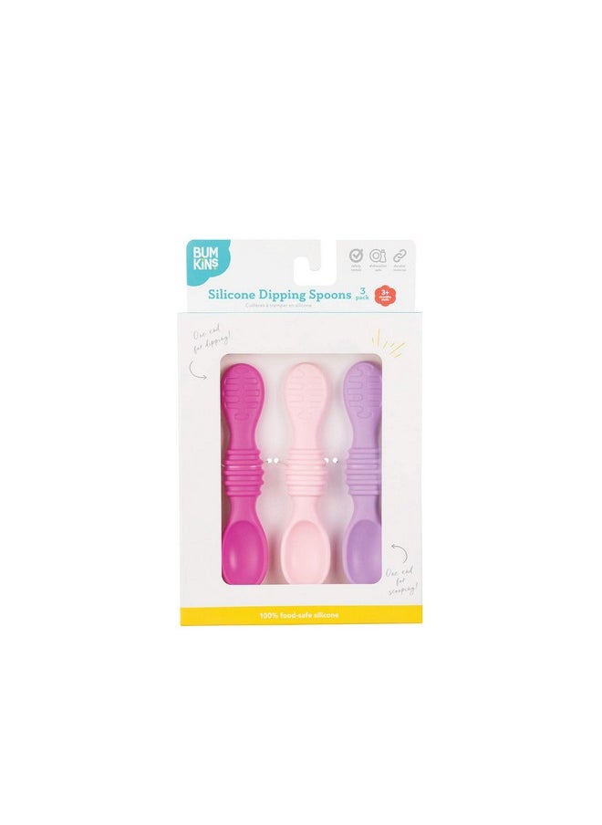 Bumkins Baby Utensil Set, Silicone Trainer Spoons for Dipping, Soft Tip, Self-Feeding, Chew, Baby Led Weaning, First Year Training Supplies, Essentials Learning Eating, 4 Mos, 3-pk Pink and Lavender