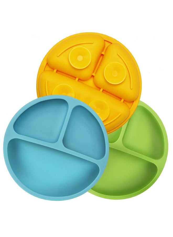 PandaEar Divided Unbreakable Silicone Baby and Toddler Plates - 3 Pack - Non-Slip - Dishwasher and Microwave Safe - Silicone (Blue Green Yellow)