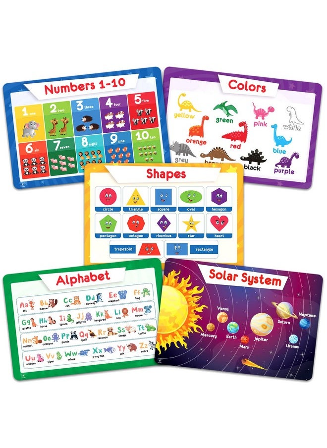 Simply Magic 5 Placemats for Kids - Kids Placemats Non Slip, Washable Reusable Toddler Placemats, Educational Placemats: Alphabet ABC, Shapes, Colors, Numbers, Solar System, Plastic Placemats for Kids