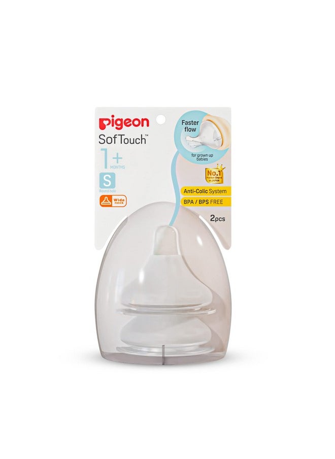 Pigeon Softtouch Peristaltic Plus Nipple SS,Round Hole,for 1+ Month Babies,Wide Neck,BPS Free,BPA Free,Pack of 2