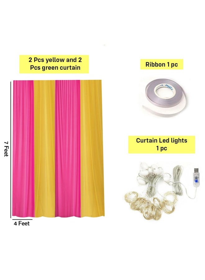 Party Propz Yellow and Pink Backdrop for Decoration with Curtain LED Light, Haldi Decoration Items for Home, Backdrop for Pooja Decoration, Haldi Backdrop Decoration Set, Festive Backdrop(Satin)(6Pc)