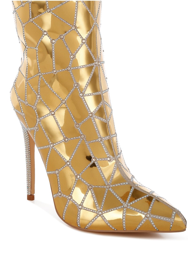 Rhinestones Embellished Metallic Boots in Gold