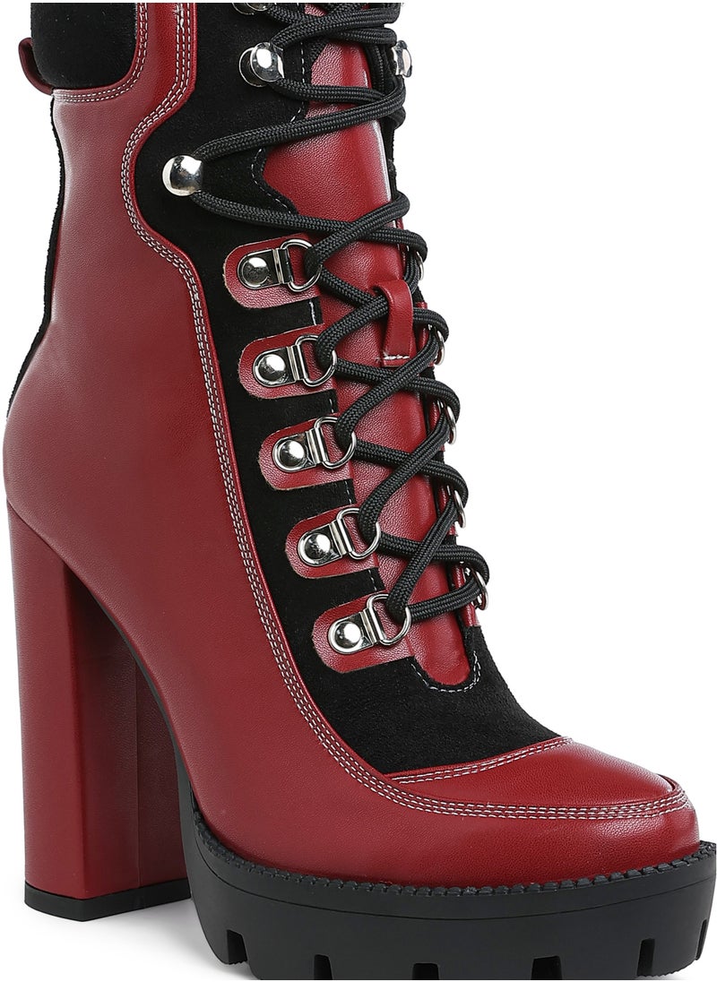 High Heel Lace-Up Biker Boot in Burgundy black