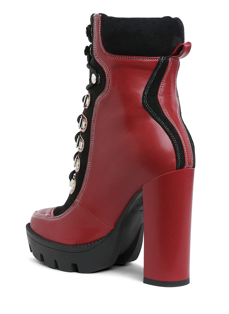 High Heel Lace-Up Biker Boot in Burgundy black