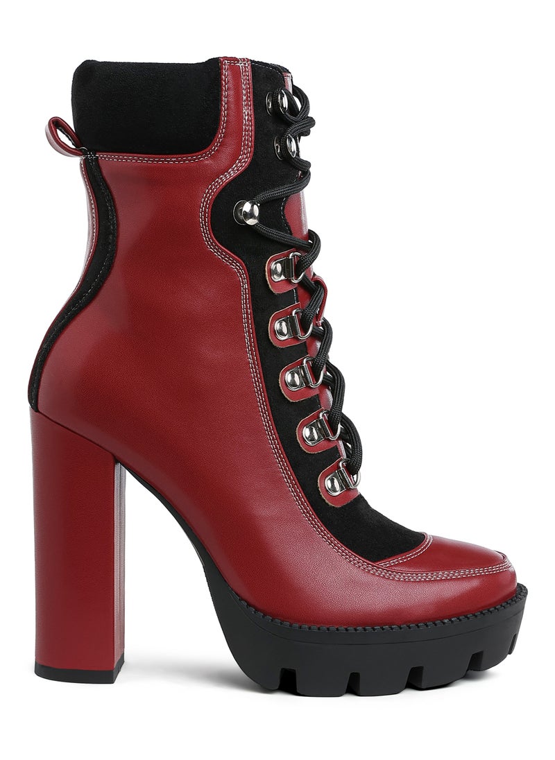 High Heel Lace-Up Biker Boot in Burgundy black