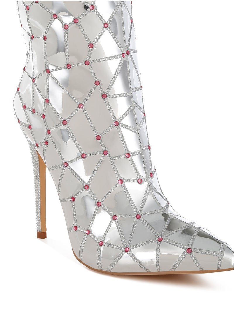 Rhinestones Embellished Metallic Boots in Silver