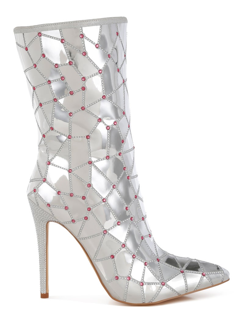 Rhinestones Embellished Metallic Boots in Silver