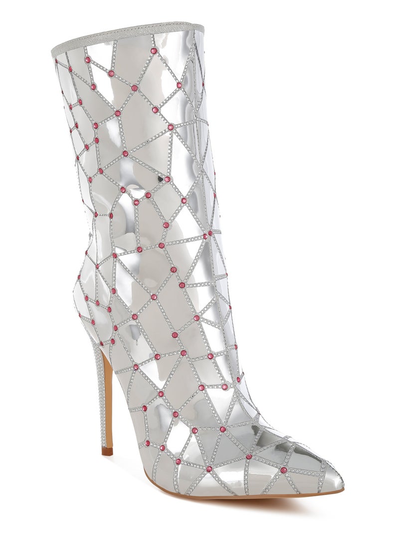 Rhinestones Embellished Metallic Boots in Silver