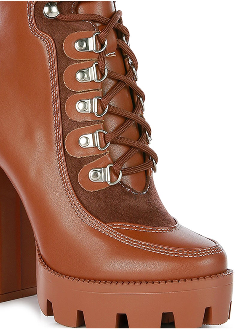 High Heel Lace-Up Biker Boot in Tan Black