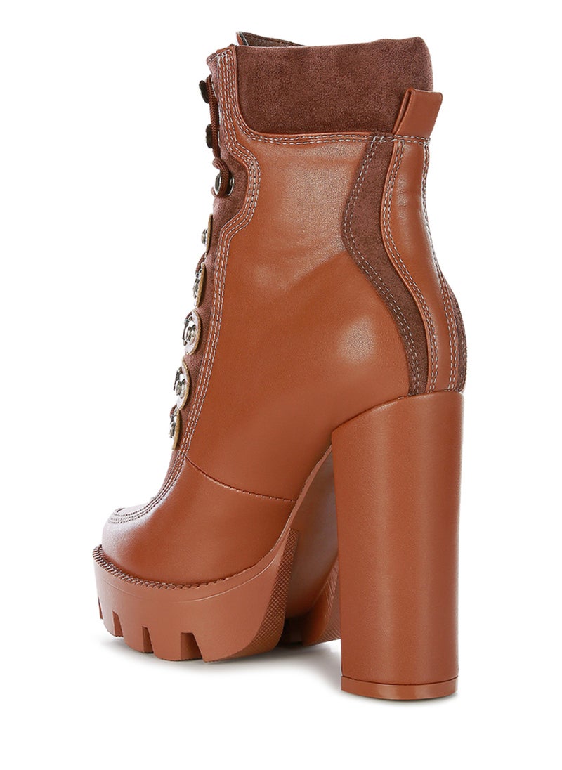 High Heel Lace-Up Biker Boot in Tan Black