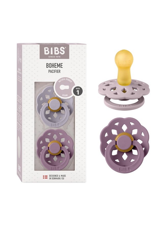 BIBS Pacifiers, Natural Rubber Baby Pacifier, Round Nipple, Pack of 2 BPA Free Soothers - 0+ Months, Size 1- Fossil Grey & Mauve, Boheme Collection