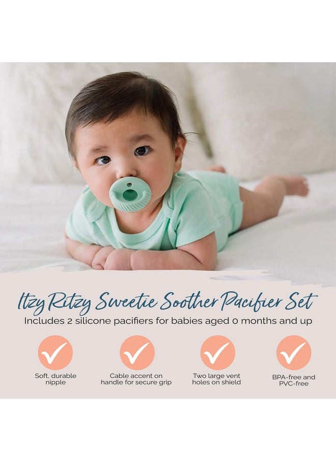 Itzy Ritzy Silicone Pacifiers for Newborn - Sweetie Soother Pacifiers Feature Collapsible Handle & Two Air Holes for Added Safety; For Ages Newborn and Up, Set of 2 in Mint & White